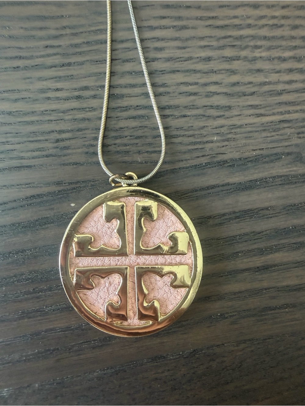 Tory Burch Gold Logo Pendant Necklace with Pink Inlay